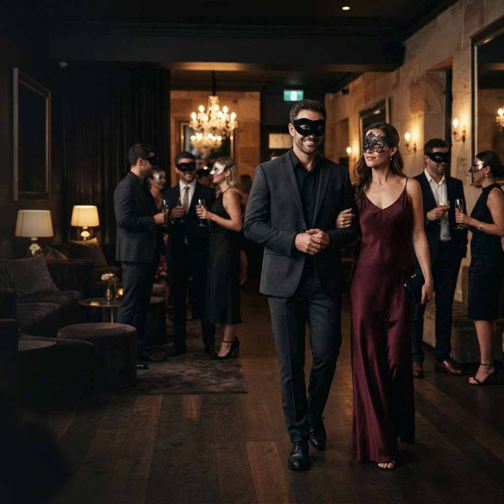 Couple attending an elegant masquerade lifestyle party for Btantalized Australia's beginner guide to swinging