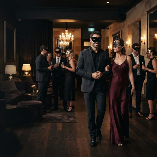 Couple attending an elegant masquerade lifestyle party for Btantalized Australia's beginner guide to swinging