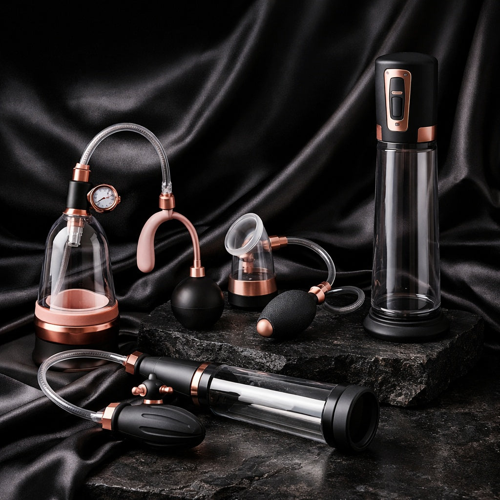 Sexual wellness collection featuring penis pumps, clitoral pumps, vacuum pleasure devices and intimate accessories for men and women displayed on luxury black satin.