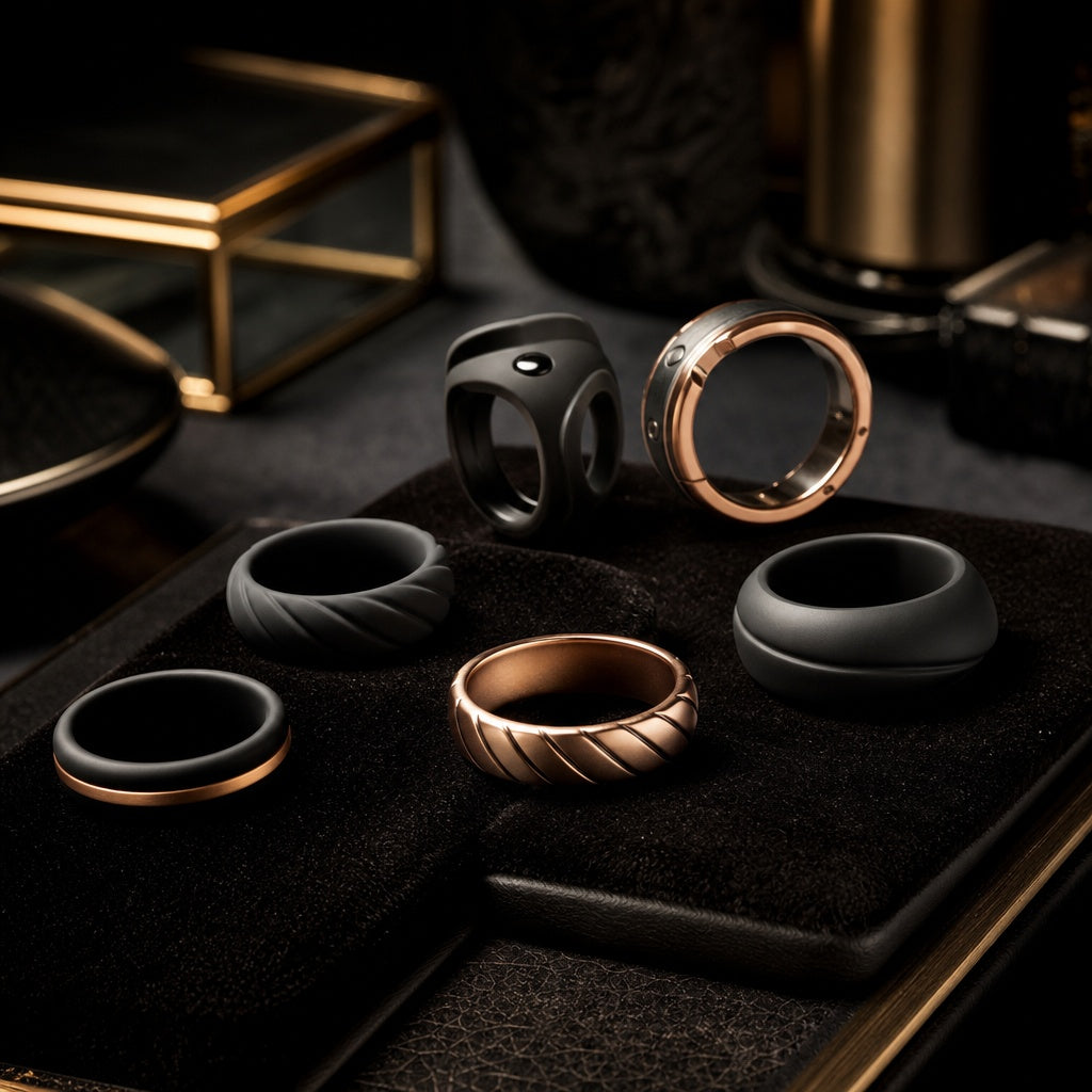 Cock rings for men featuring vibrating cock rings, silicone penis rings and premium male pleasure accessories displayed in a luxury black and rose gold setting.
