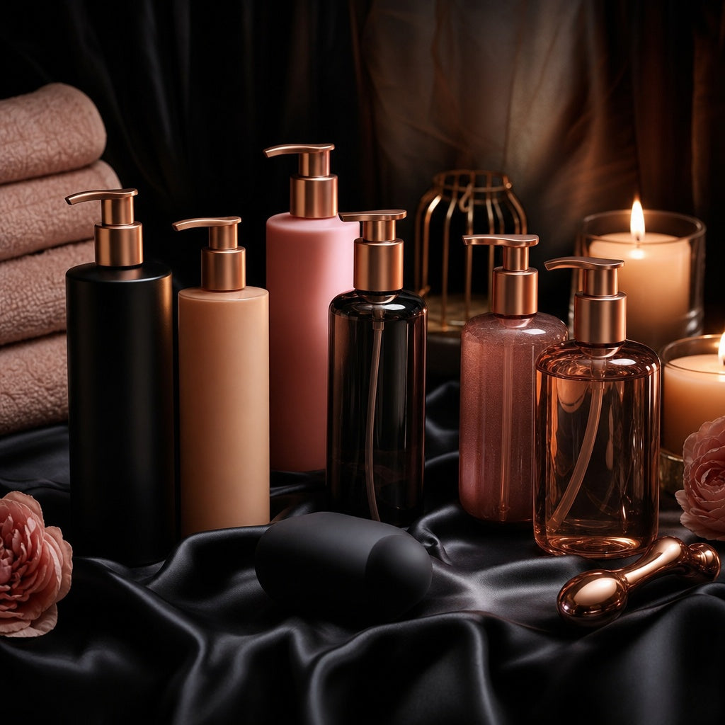 Luxury intimate wellness and body care products with massage oils, personal lubricants and pleasure accessories displayed on black satin with candles and rose gold accents.