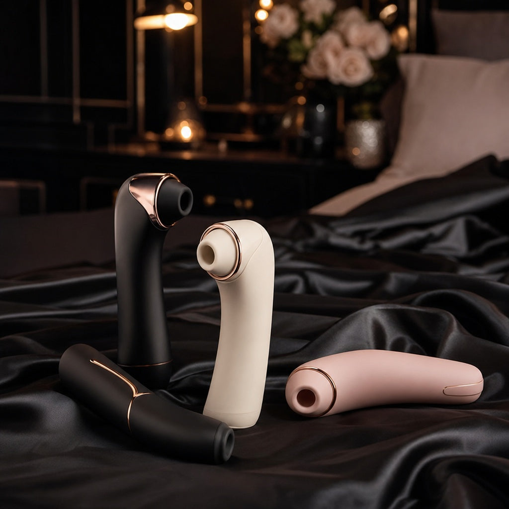 Premium air pulsation pleasure toys in black, ivory and blush pink with rose-gold detailing, styled on luxurious black satin in an elegant dark bedroom setting.