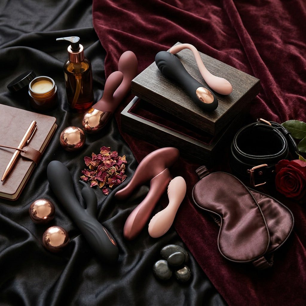 Luxury sexual wellness products and intimate accessories including couples vibrators, personal massagers and BDSM accessories on black and burgundy satin.