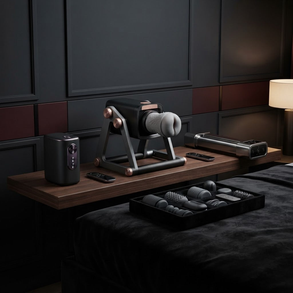 Premium sex machines, automatic strokers and hands-free pleasure devices displayed in a luxury dark bedroom setting by Btantalized Australia.