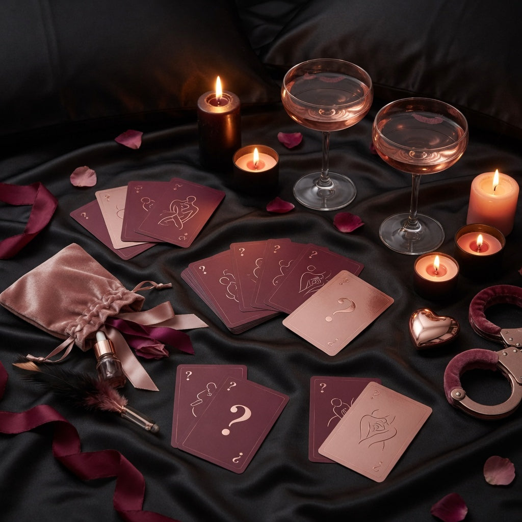 Adult novelty gifts and couples games featuring playful intimacy cards, romantic accessories and fun bedroom novelties displayed on luxury black satin.
