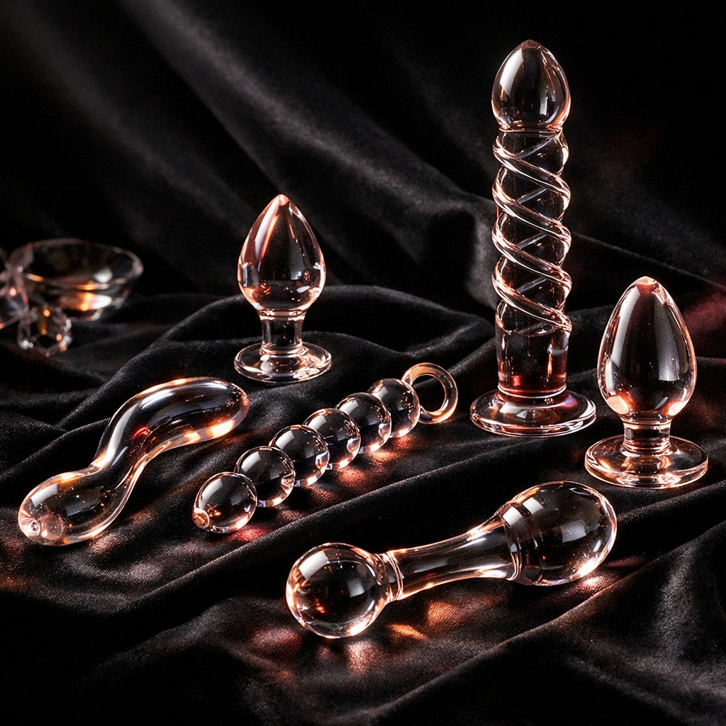 Luxury glass sex toys and intimate wellness accessories including glass plugs, wands and pleasure beads displayed on black satin.