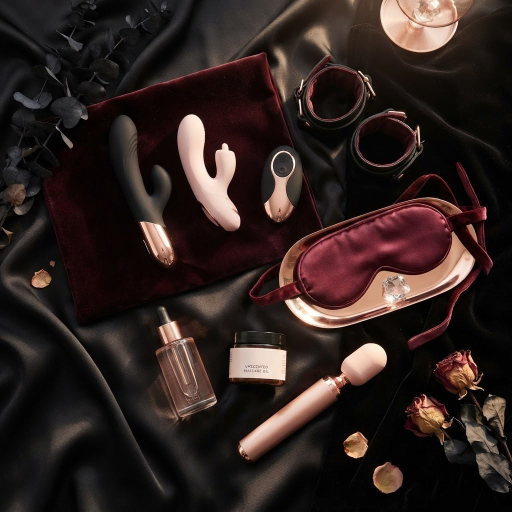 Btantalized Australia Staff Picks featuring premium sexual wellness favourites, including luxury vibrators, intimate accessories, massage oils and a satin eye mask styled on black satin and deep burgundy velvet with elegant rose-gold accents.