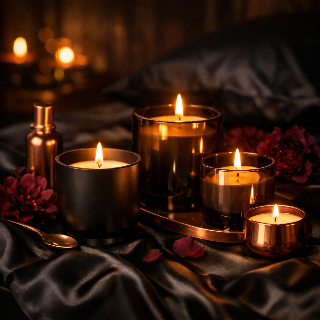 Premium massage and sensation candles in elegant black, smoked glass and rose-gold vessels, glowing warmly against luxurious black satin with deep burgundy flowers, creating an intimate sexual wellness atmosphere.