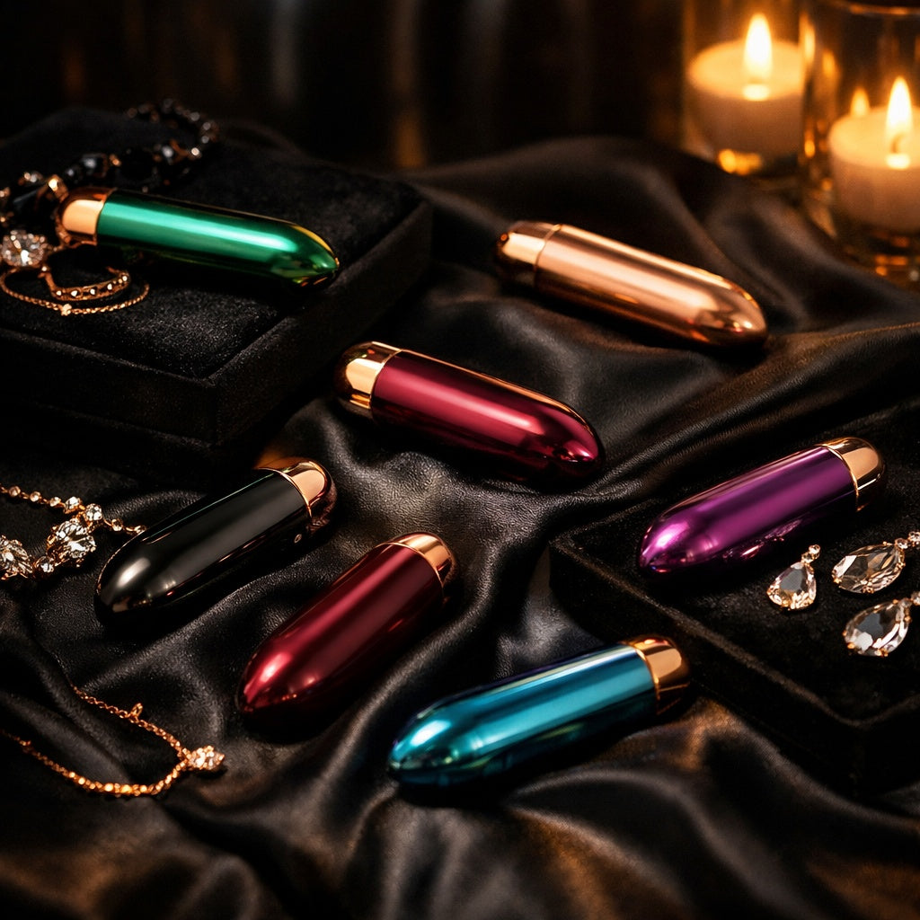 Premium bullet vibrators in jewel-toned green, burgundy, purple, blue and black with rose-gold detailing, elegantly displayed on luxurious black satin with jewellery and warm candlelight.