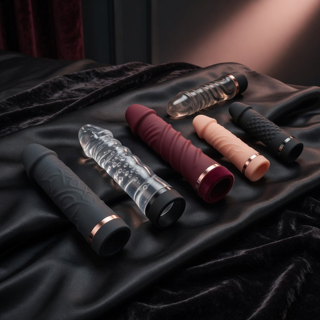 Penis sleeves and penis extenders for men featuring textured, clear and silicone male enhancement toys displayed on luxury black satin.