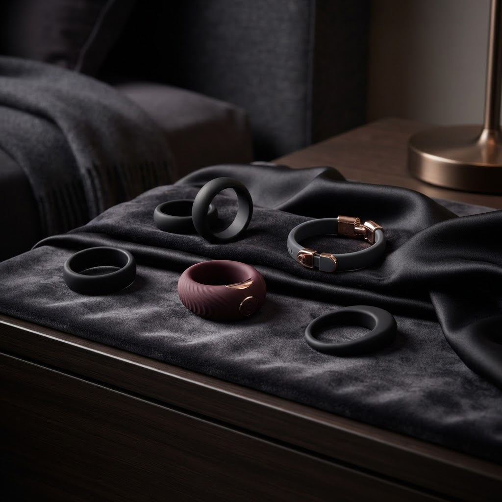 Premium cock rings Australia featuring silicone, vibrating and adjustable cock rings in a luxury dark setting from Btantalized Australia.