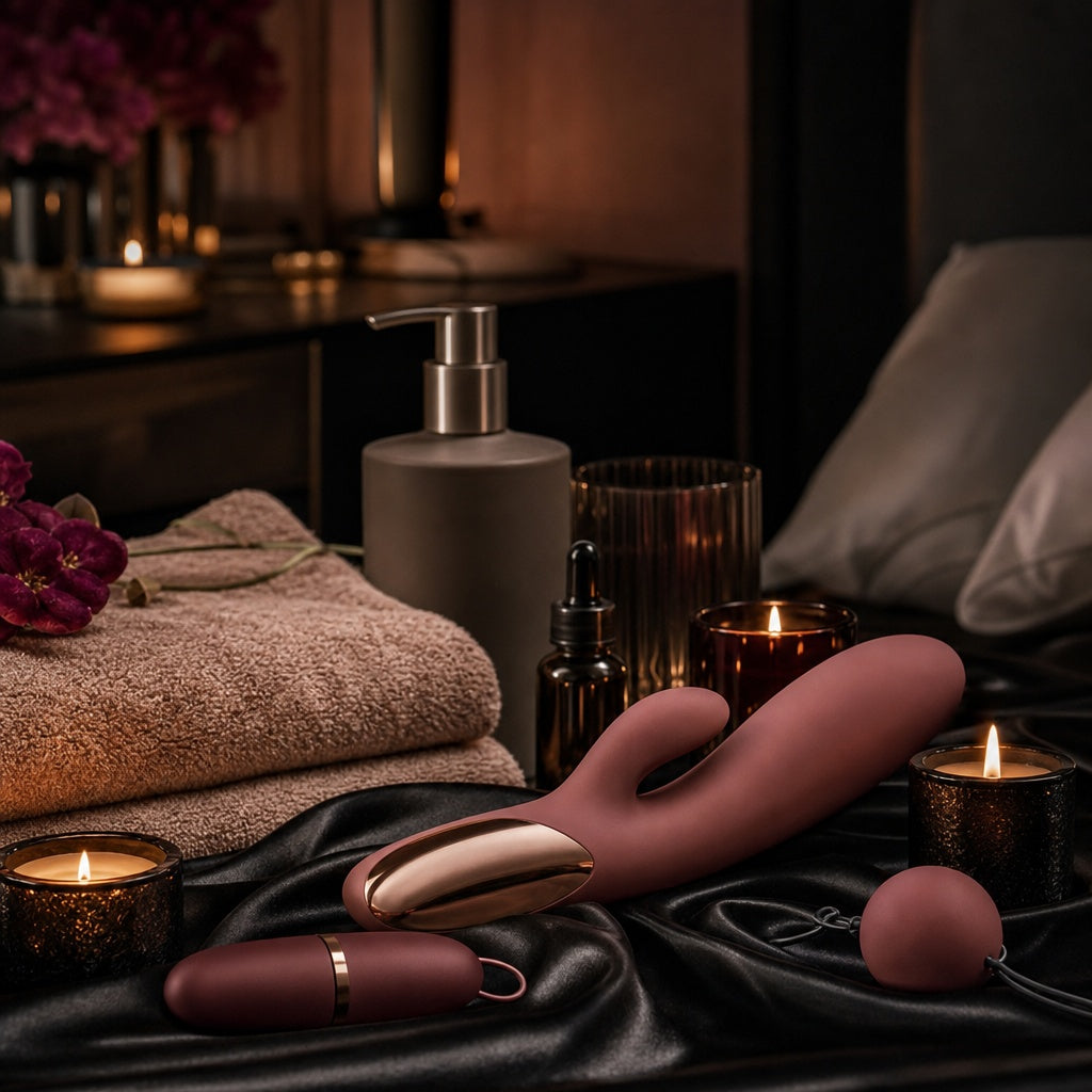 Premium sexual wellness products displayed on luxurious black satin, featuring a rose-toned vibrator and intimate accessories surrounded by warm candles, soft towels and elegant spa-inspired details.