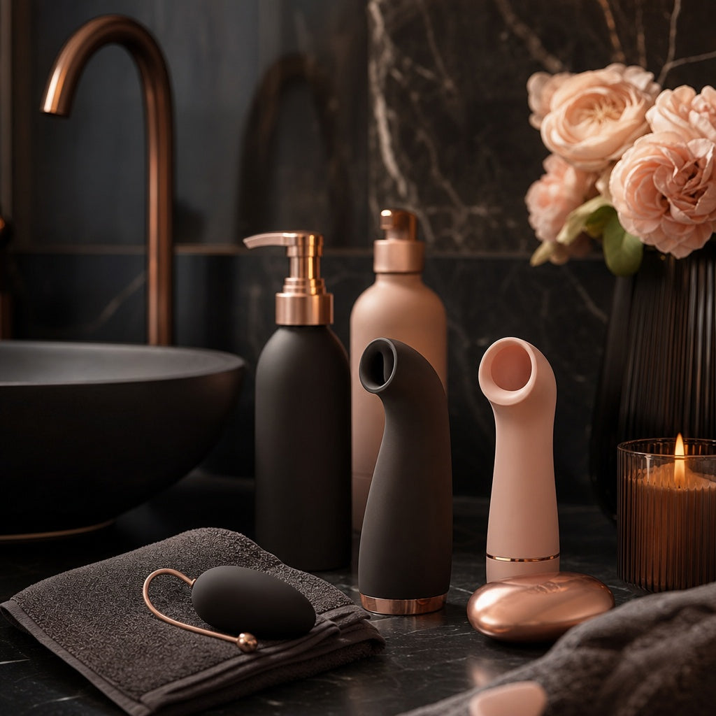Sexual wellness healthcare and intimate hygiene products featuring personal cleansing devices and intimate care accessories in a luxury bathroom setting.
