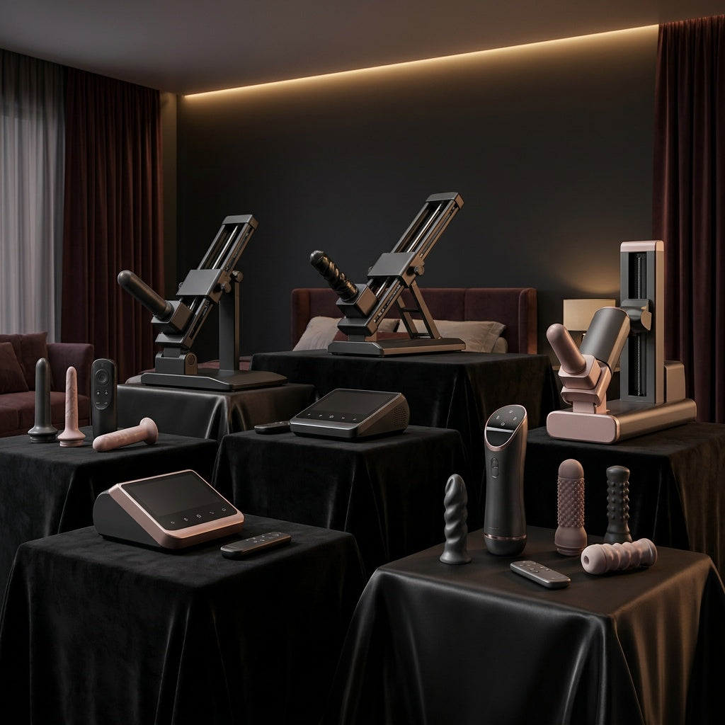 Premium sex machines, automatic strokers and app-controlled pleasure devices displayed in a luxury dark bedroom by Btantalized Australia.