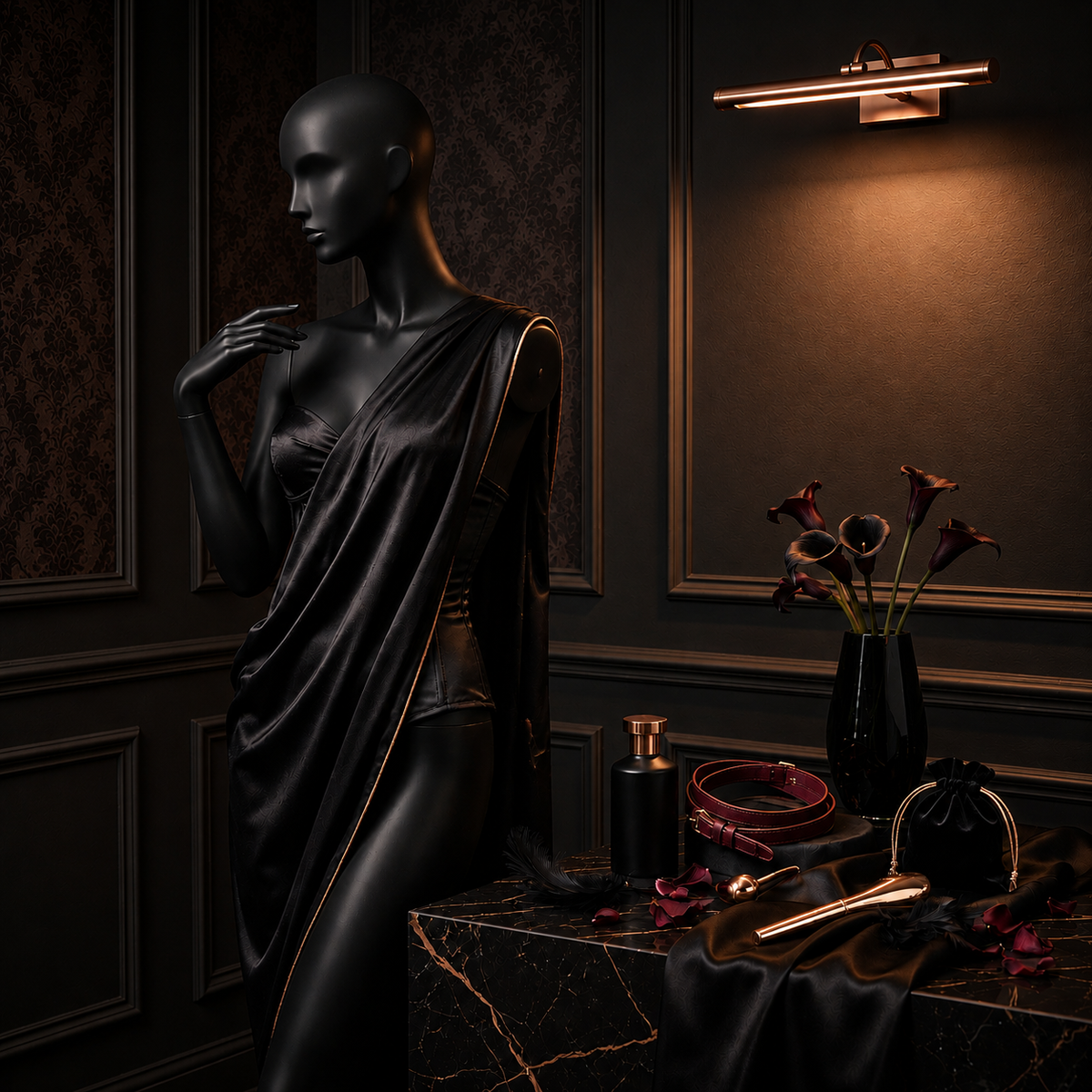 Luxury sexual wellness collection with black lingerie, burgundy bondage accessories and rose gold intimate products in a dark elegant setting – Btantalized Australia