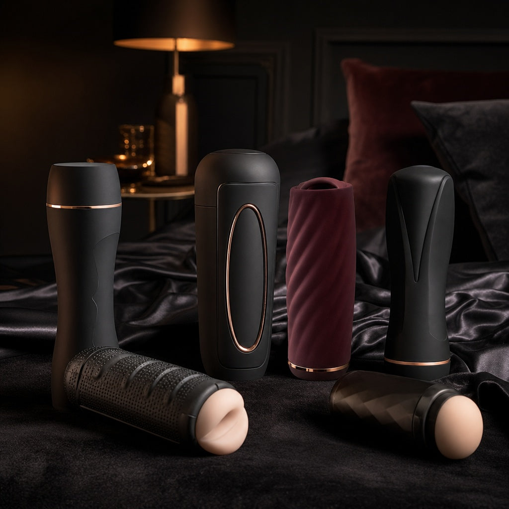Men’s sexual wellness collection featuring male masturbators, penis sleeves, vibrating rings and personal pleasure products displayed on luxury black satin.