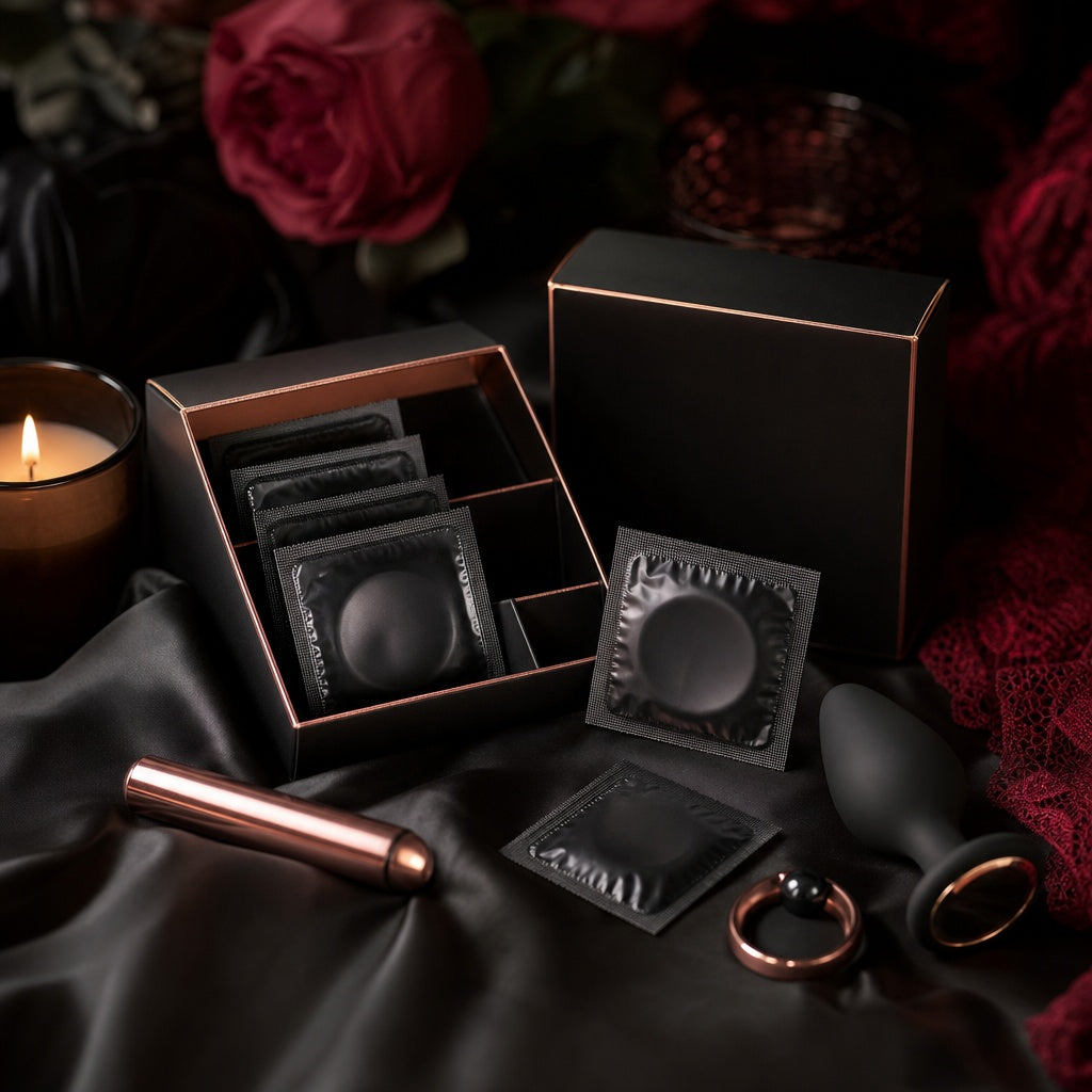 Luxury safe sex and intimate wellness collection featuring condoms, personal massager and pleasure accessories displayed on black satin with burgundy roses and rose gold accents.
