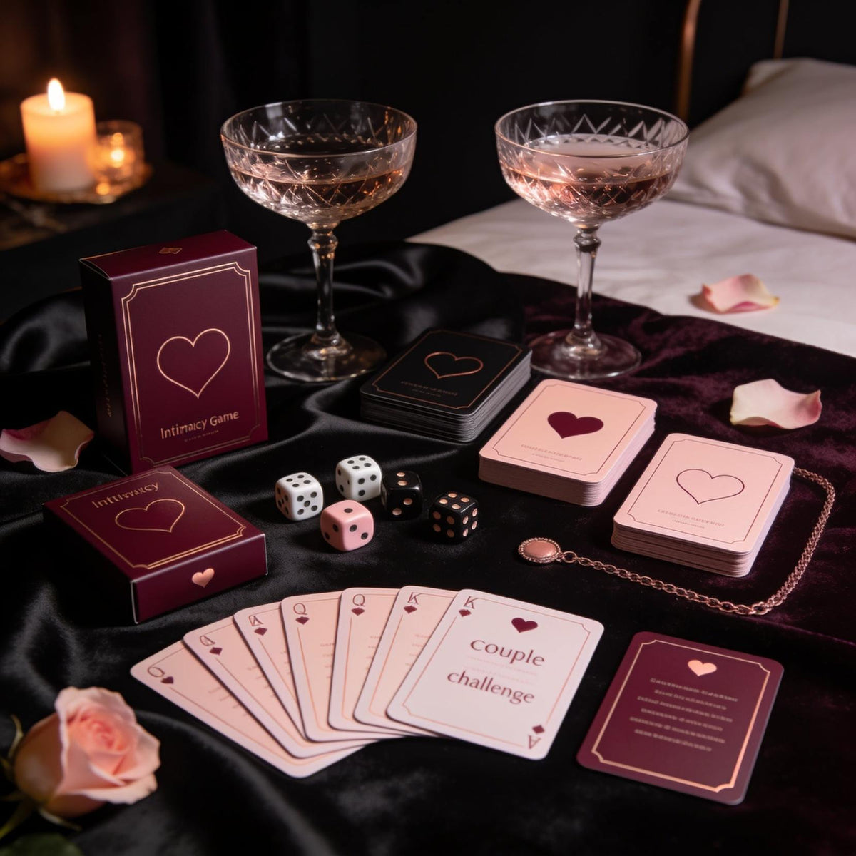 Adult couples intimacy games, cards and dice displayed on black satin with burgundy and blush accents for Btantalized Australia.