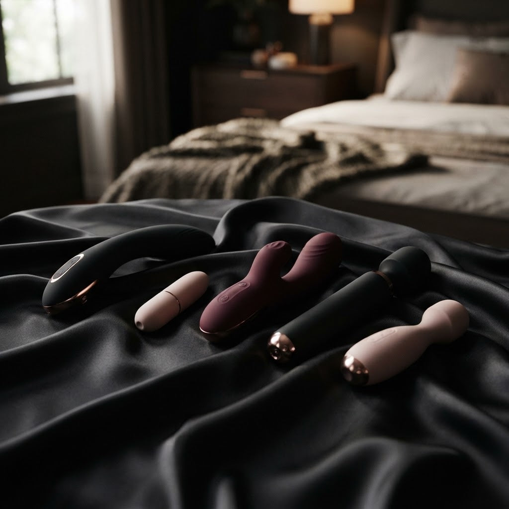 Luxury sexual wellness toys including couples vibrators, personal massagers and intimate pleasure products displayed on black satin in a modern bedroom.