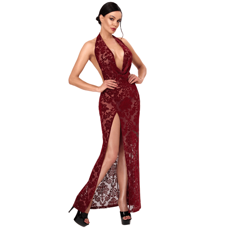 Masquerade Lace Gown Dress Burgundy