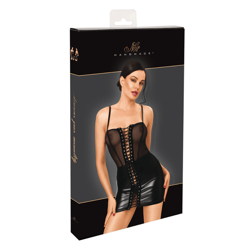 Wet Look Sheer Lace Up Open Mini Dress Black