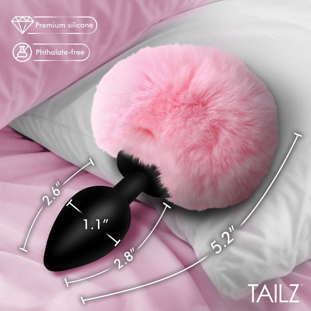 Tailz Fluffy Bunny Tail Silicone Plug - Pink - Black Butt Plug with Pink Bunny Tail