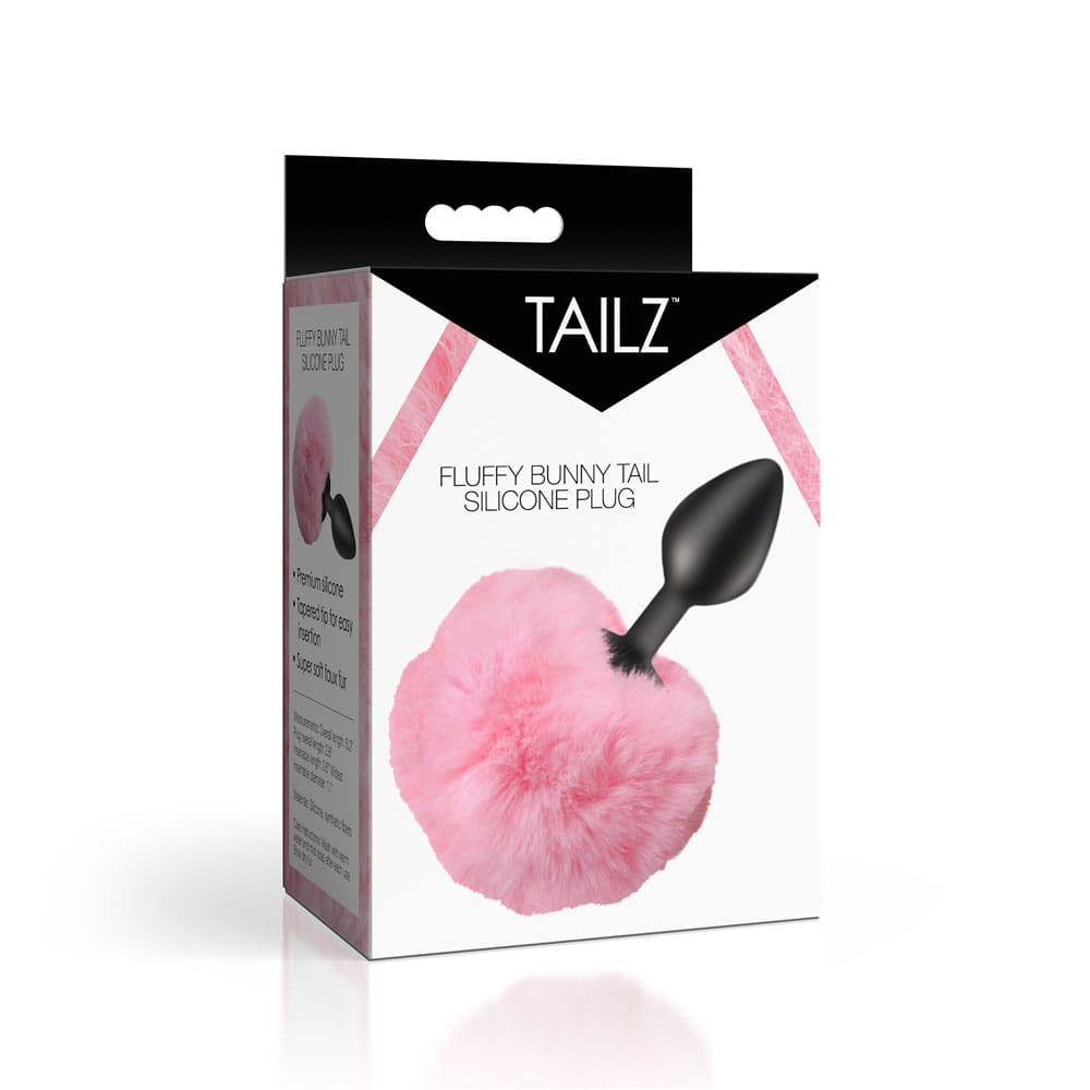 Tailz Fluffy Bunny Tail Silicone Plug - Pink - Black Butt Plug with Pink Bunny Tail