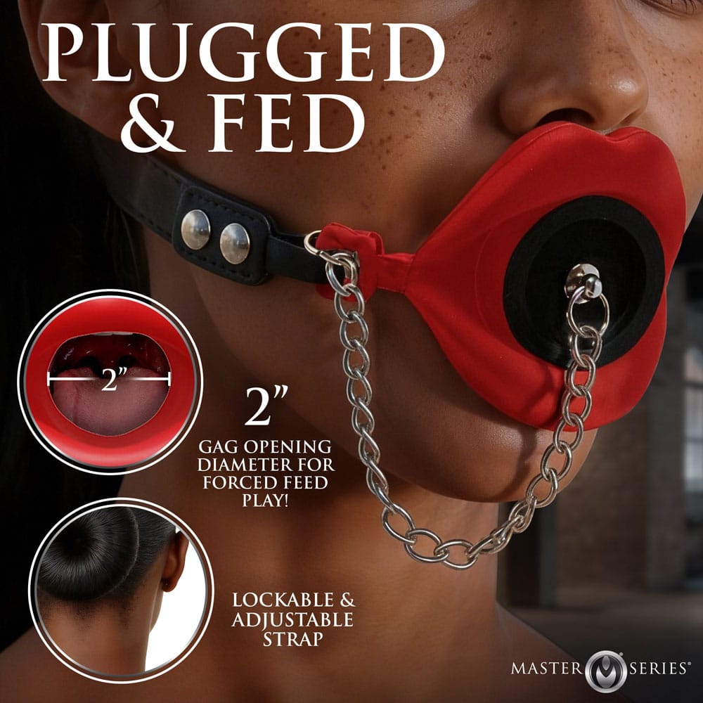 Master Series Plugged - Red Lips Silicone Feeding Mouth Gag