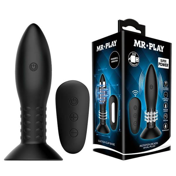 MR PLAY Rotation Beads Anal Plug - Black USB Rechargeable Beaded Butt Plug with Wireless Remote