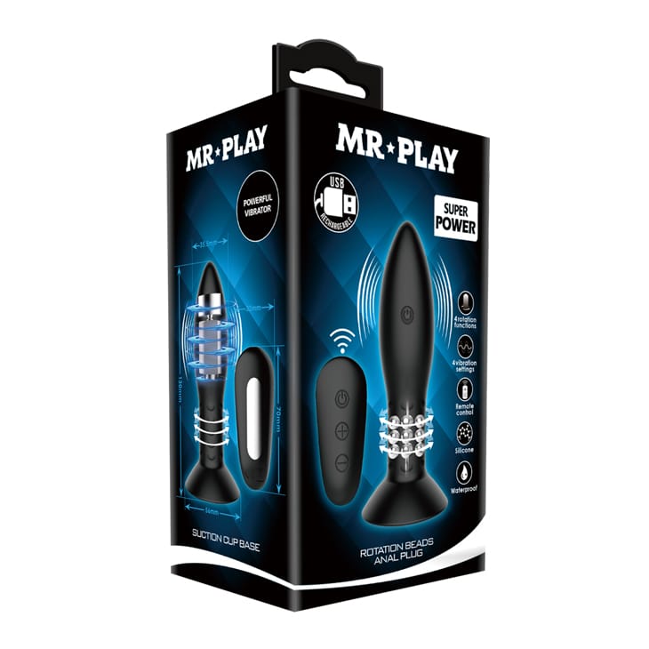 MR PLAY Rotation Beads Anal Plug - Black USB Rechargeable Beaded Butt Plug with Wireless Remote