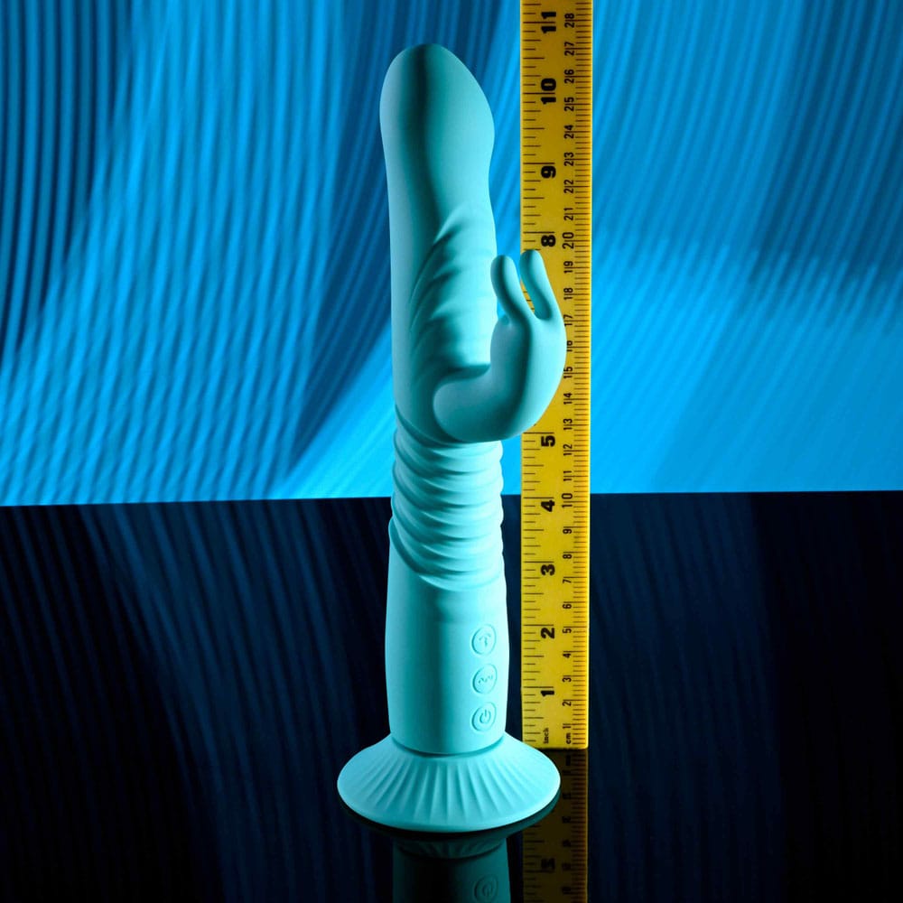 Evolved BUNNY HOP - Teal 25.1 cm USB Rechargeable Thrusting Rabbit Vibrator with Suction Base