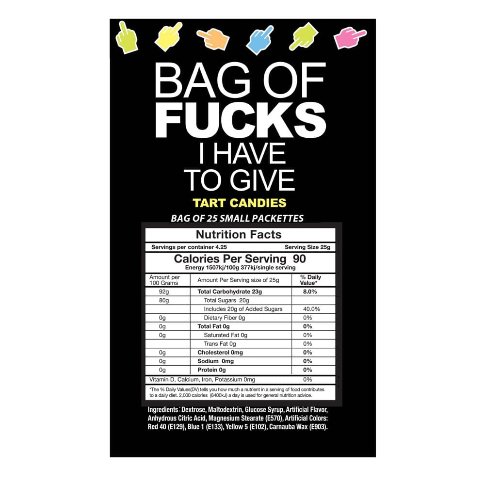Bag Of Fucks I Have To Give - Bag of 25 - Fruit Flavoured Lollies - Bag of 25 Mini Packs