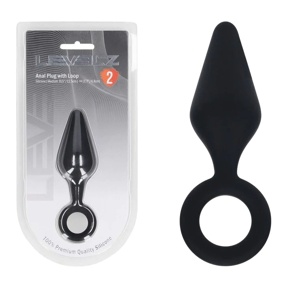 LEVELZ Silicone Anal Plug with Loop - Medium - Black - Black Medium Butt Plug