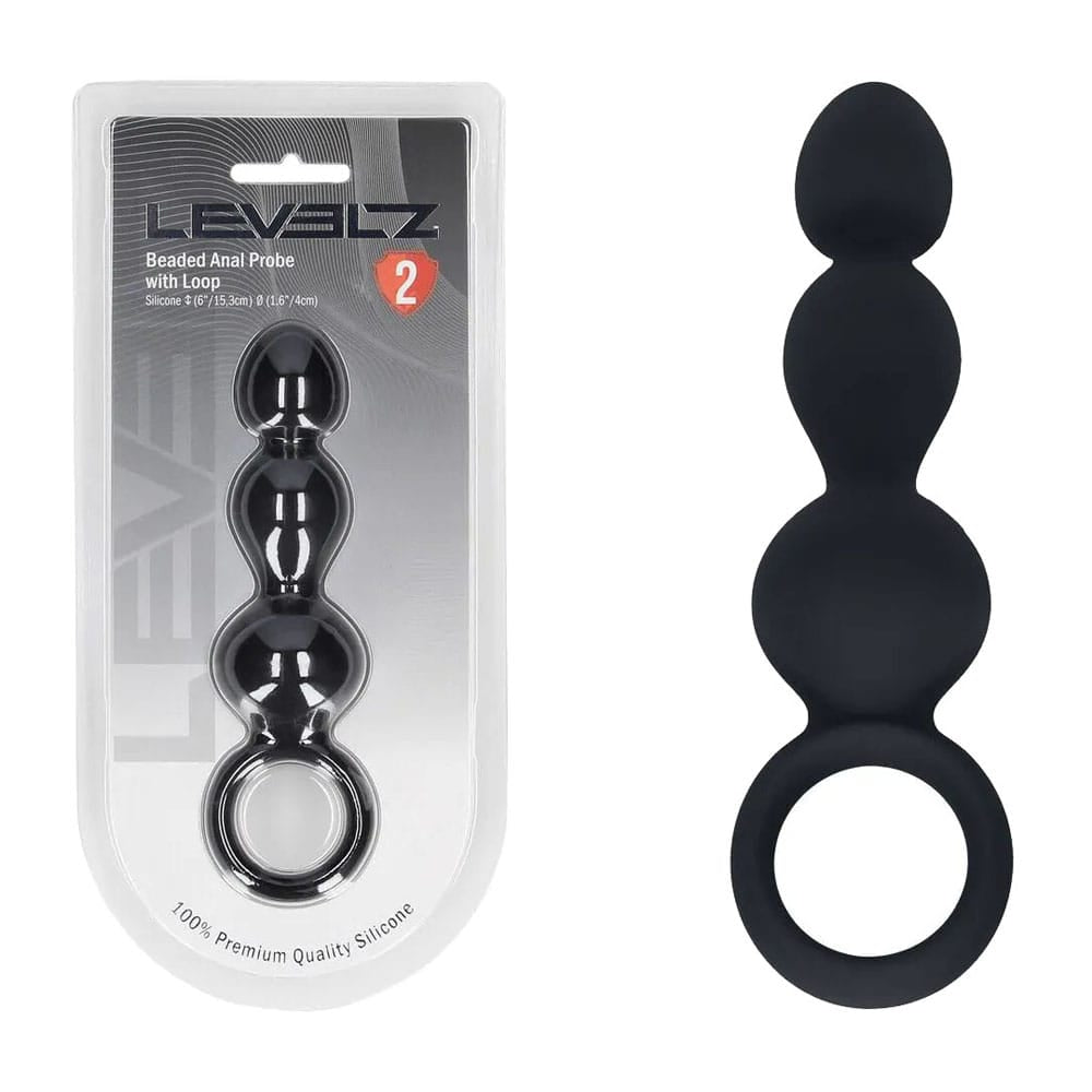 LEVELZ Beaded Silicone Anal Probe with Loop - Black 15.3 cm Beaded Anal Plug