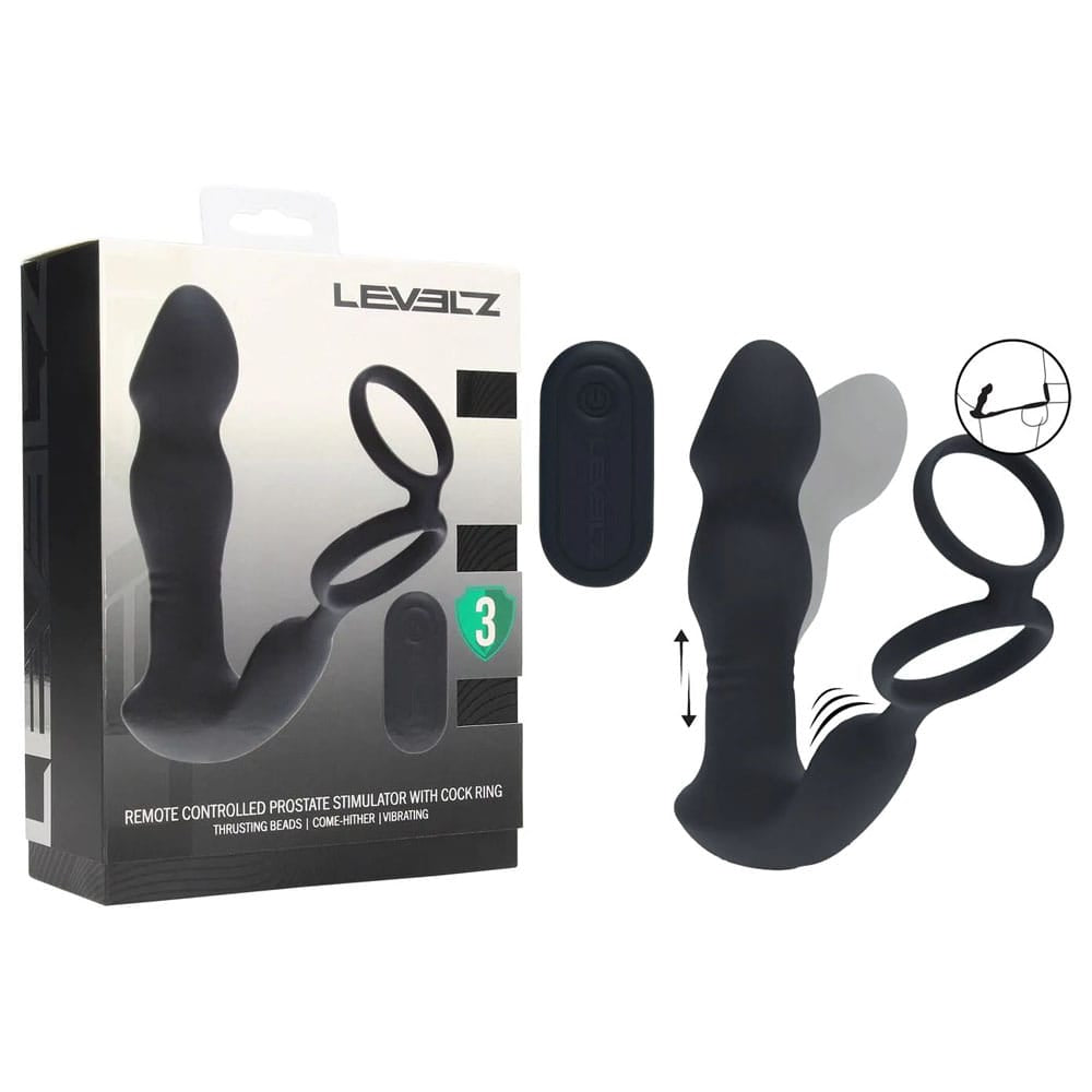 LEVELZ Remote Controlled Prostate Stimulator with Cock Ring - Black USB Rechargeable Vibrating Thrusting Prostate Massager with Cock Ring