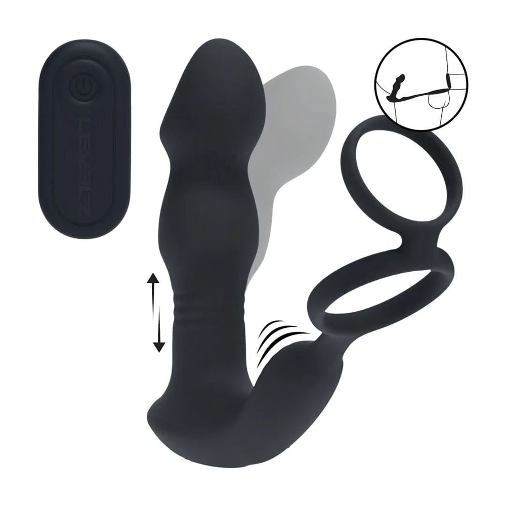 LEVELZ Remote Controlled Prostate Stimulator with Cock Ring - Black USB Rechargeable Vibrating Thrusting Prostate Massager with Cock Ring