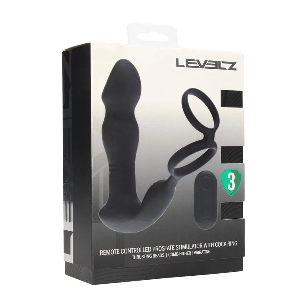 LEVELZ Remote Controlled Prostate Stimulator with Cock Ring - Black USB Rechargeable Vibrating Thrusting Prostate Massager with Cock Ring