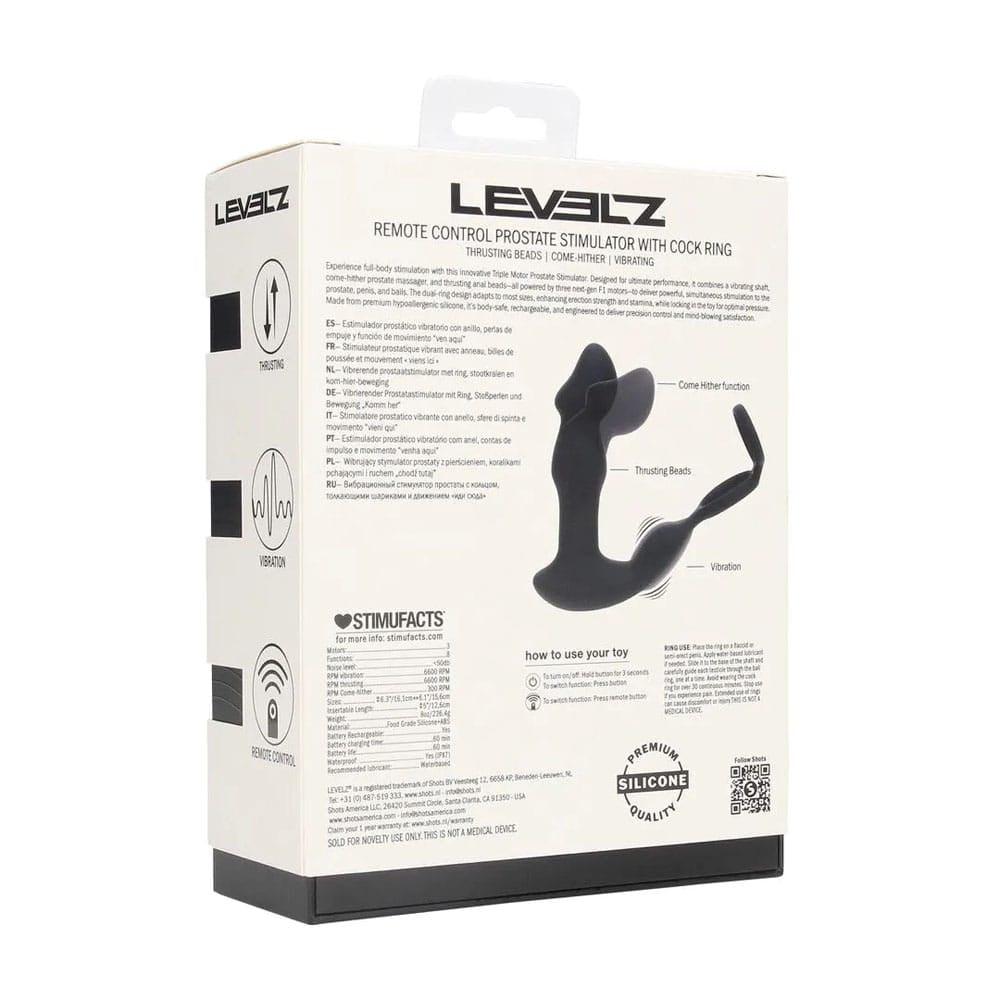 LEVELZ Remote Controlled Prostate Stimulator with Cock Ring - Black USB Rechargeable Vibrating Thrusting Prostate Massager with Cock Ring