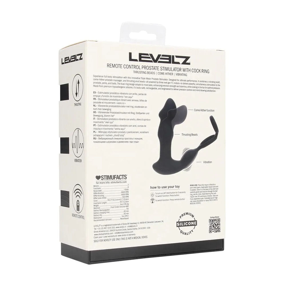 LEVELZ Remote Controlled Prostate Stimulator with Cock Ring - Black USB Rechargeable Vibrating Thrusting Prostate Massager with Cock Ring