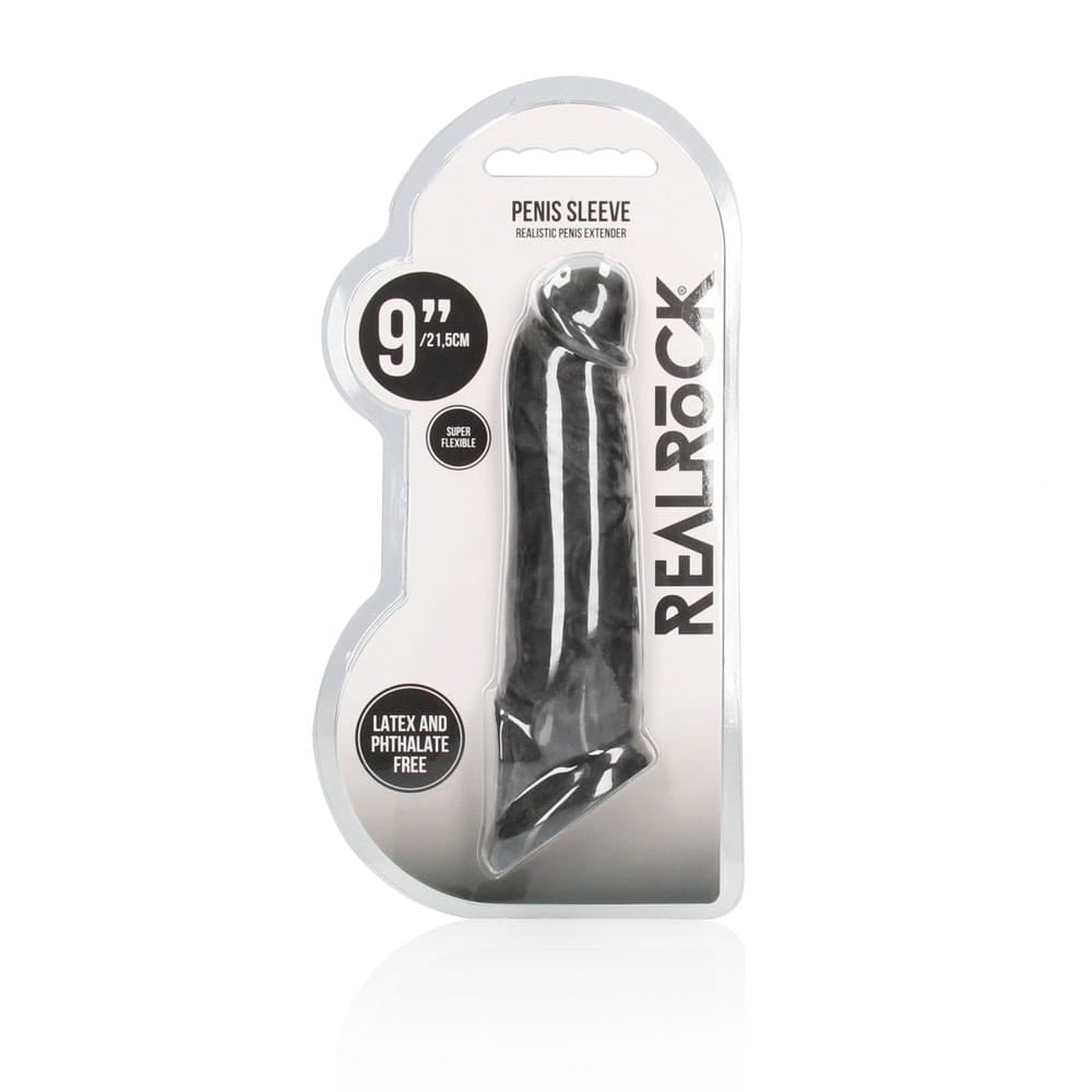 REALROCK 9'' Realistic Penis Extender with Rings - Black - Black 22.9 cm Penis Extension Sleeve