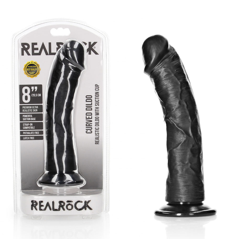 REALROCK Realistic Regular Curved Dildo with Suction Cup - 20 cm - Black 20 cm (8'') Dong