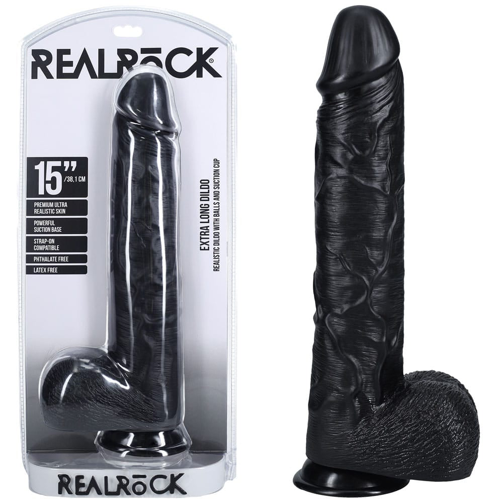 REALROCK 38cm Extra Long Dildo with Balls - Black - Black 38 cm (15'') Extra Long Dong