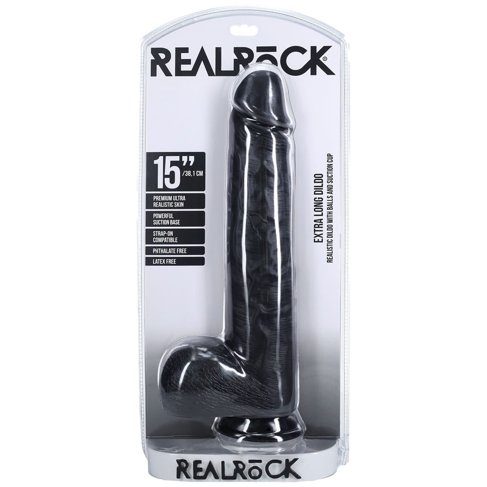 REALROCK 38cm Extra Long Dildo with Balls - Black - Black 38 cm (15'') Extra Long Dong