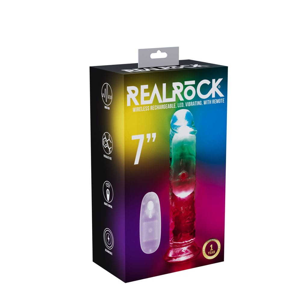 REALROCK 7'' No Balls Wireless Rechargeable LED Vibrating Dong - Clear with LED 20 cm USB Rechargeable Vibrating Dong with Remote