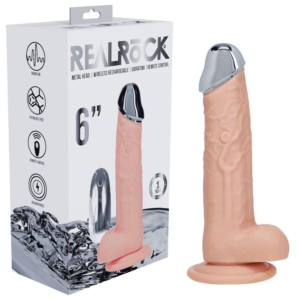 REALROCK Metal Head 6'' Rechargeable Dildo - Flesh - Flesh 16.2 cm USB Rechargeable Vibrating Dildo with Metal Head and Wireless Remote
