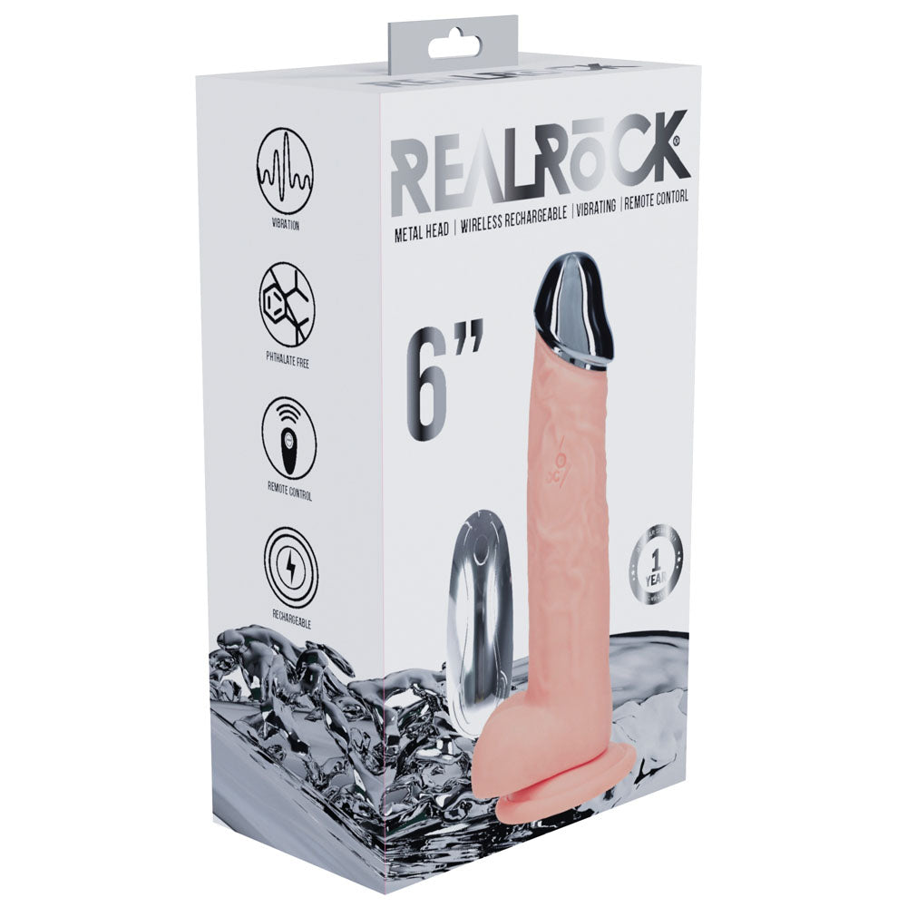 REALROCK Metal Head 6'' Rechargeable Dildo - Flesh - Flesh 16.2 cm USB Rechargeable Vibrating Dildo with Metal Head and Wireless Remote