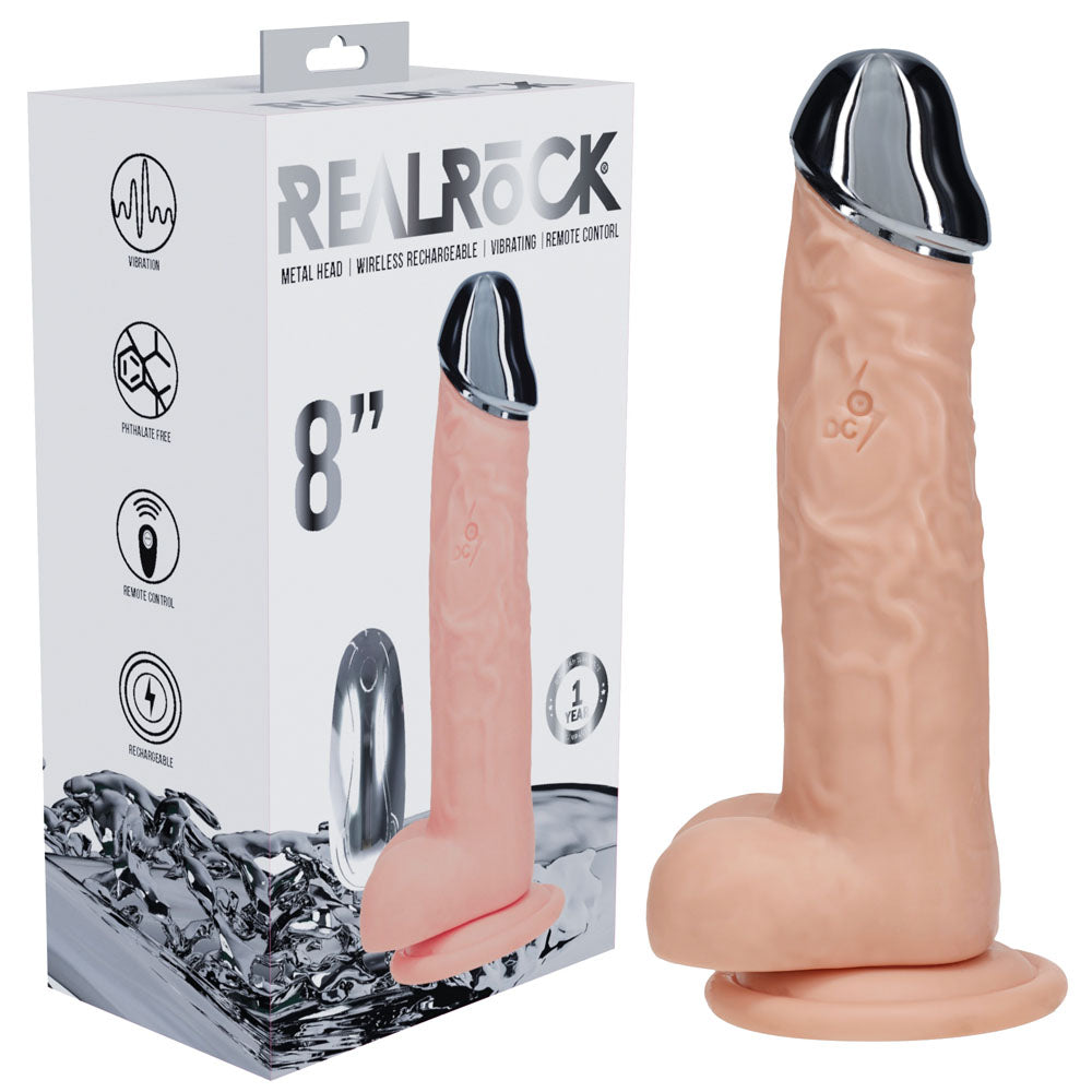REALROCK Metal Head 8'' Rechargeable Dildo - Flesh - Flesh 22 cm USB Rechargeable Vibrating Dildo with Metal Head and Wireless Remote