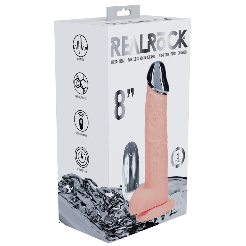 REALROCK Metal Head 8'' Rechargeable Dildo - Flesh - Flesh 22 cm USB Rechargeable Vibrating Dildo with Metal Head and Wireless Remote