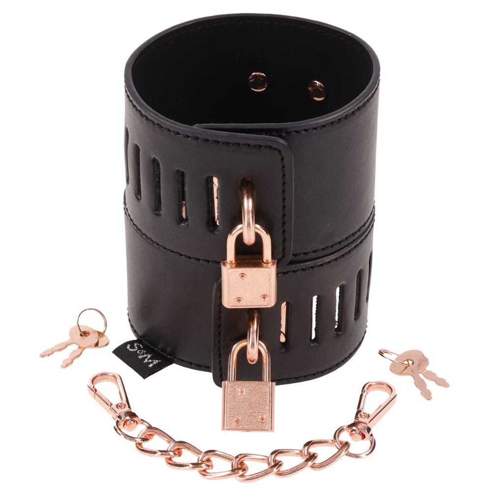 Sex & Mischief Brat Locking Cuffs - Black/Rose Gold Hand Cuffs