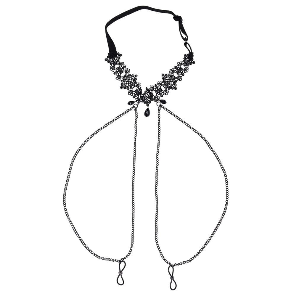 Sex & Mischief Lace Collar with Nipple Ties - Black Neck and Nipple Restraints